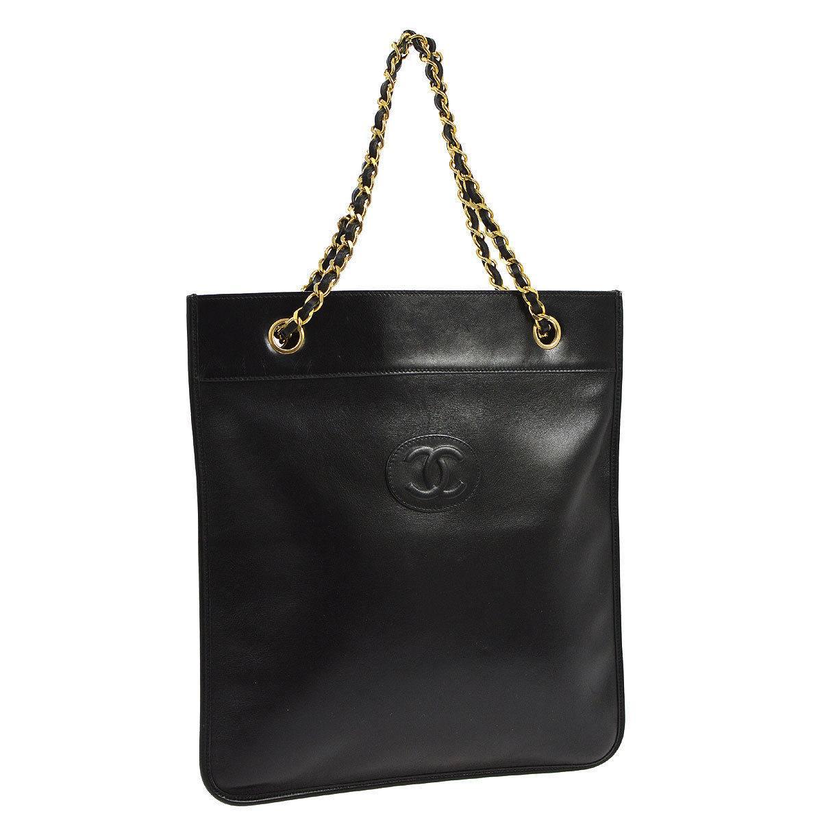 Chanel Black Leather CC Charm Gold Dual Chain Carryall Shoulder Tote Bag