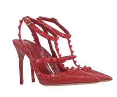 Valentino New Sold Out Red Crocodile Print Leather Rockstud Heels Pumps in Box