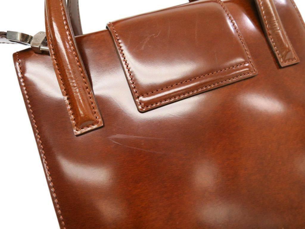 Brown Cartier Cognac Patent Evening Silver Chain Top Handle Satchel Kelly Shoulder Bag