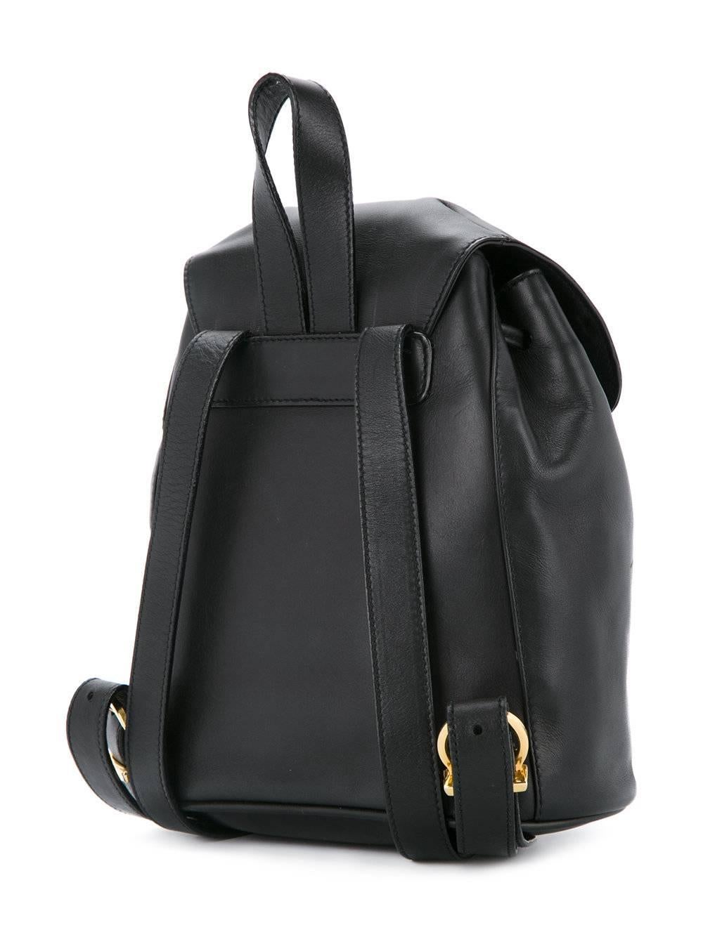 Salvatore Ferragamo Black Leather Drawstring Bucket Backpack Shoulder Flap Bag In Good Condition In Chicago, IL