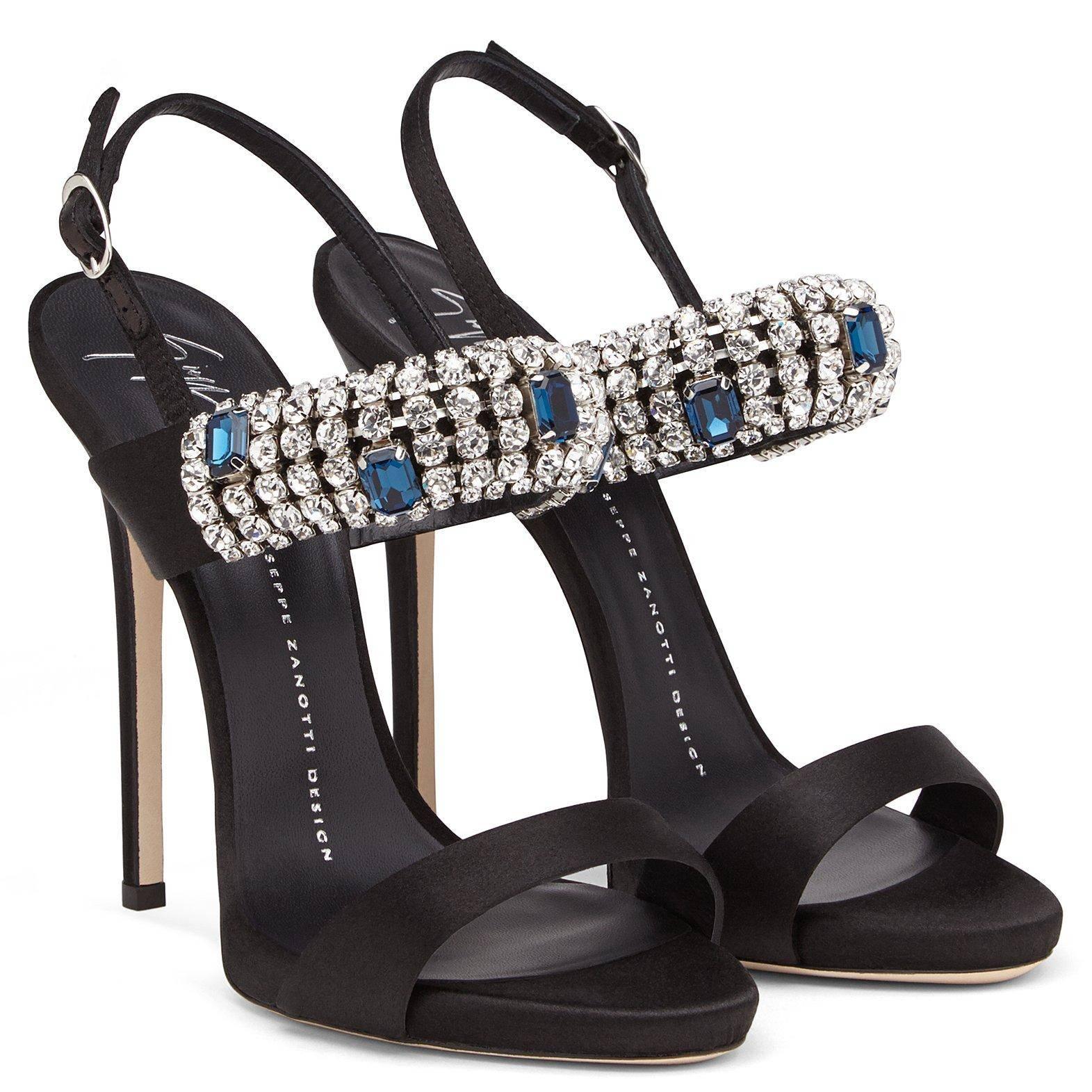 Giuseppe Zanotti New Sold Out Black Suede Crystal Evening Sandals Heels in Box In New Condition In Chicago, IL