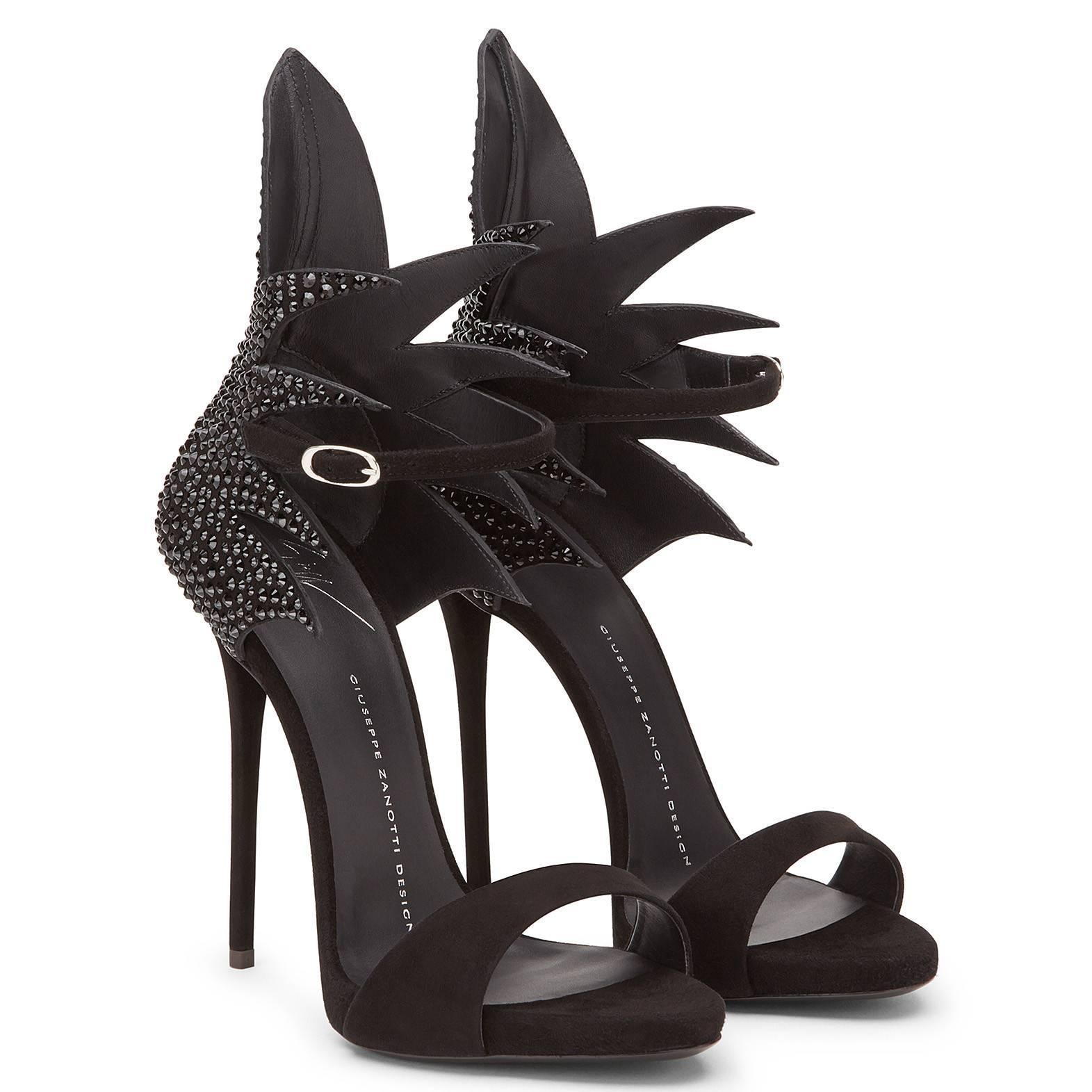 Giuseppe Zanotti New Black Suede Crystal Evening Sandals Heels in Box  In New Condition In Chicago, IL