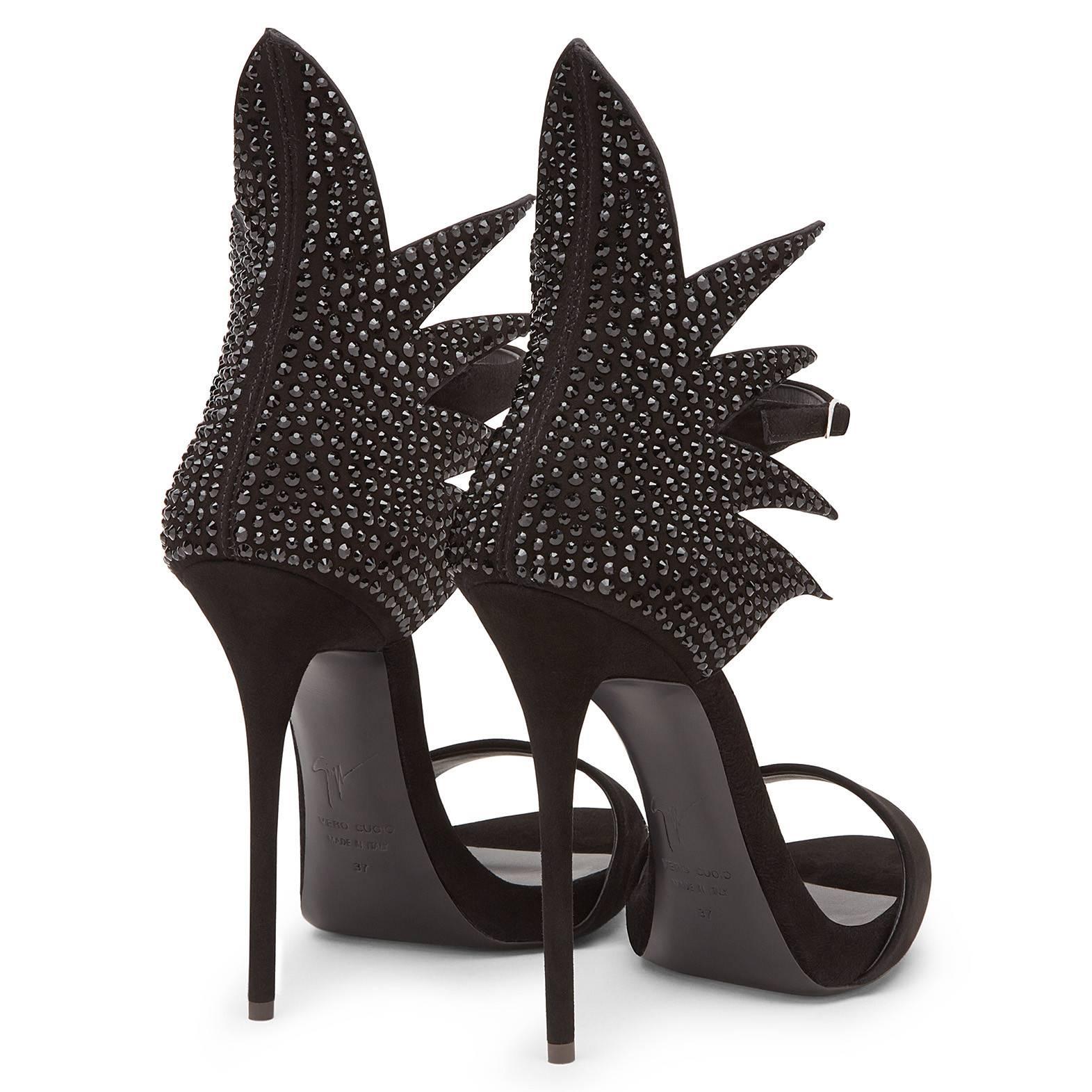 Women's Giuseppe Zanotti New Black Suede Crystal Evening Sandals Heels in Box 