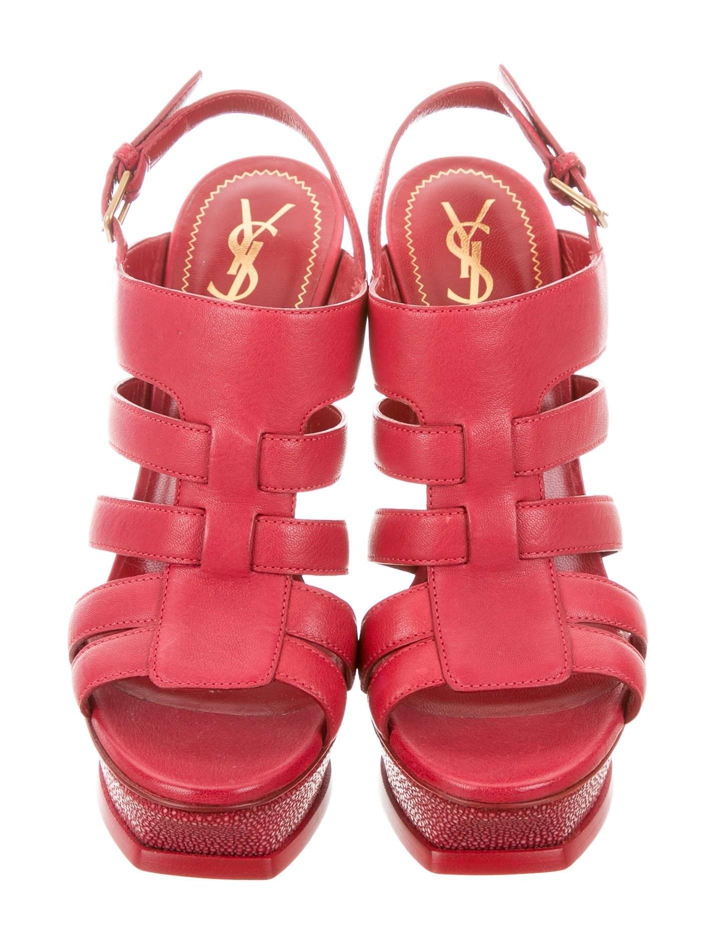 YSL New Red Leather Shark Leather Trim Evening Sandals Heels in Box In New Condition In Chicago, IL