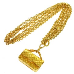 Chanel Vintage Gold Textured 2.55 Flap Handbag Charm Chain Necklace