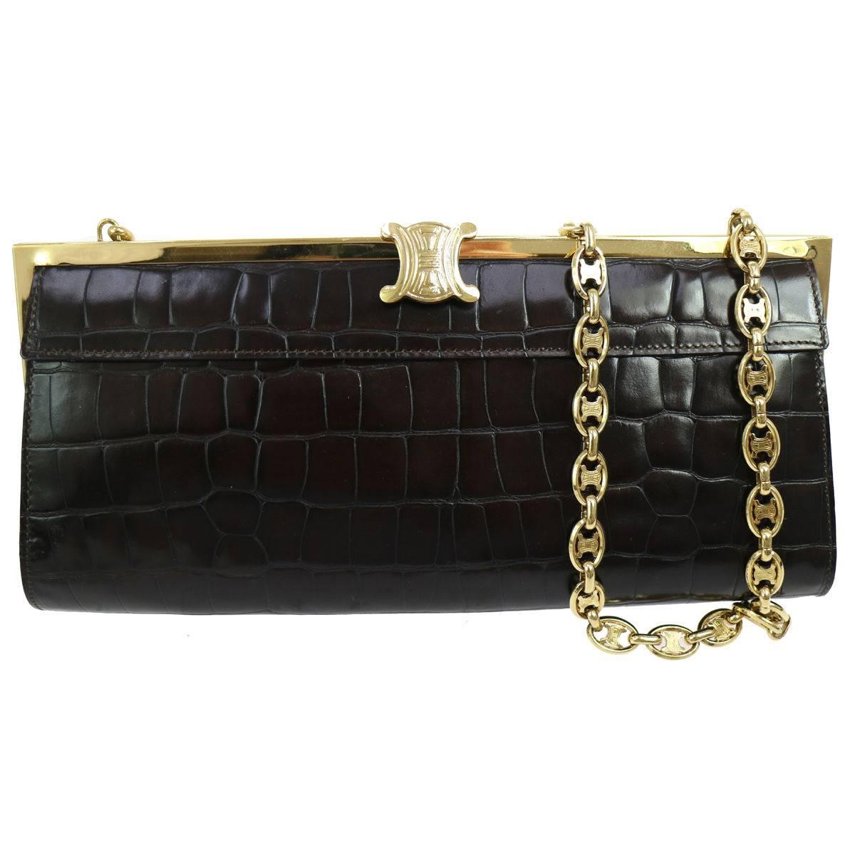 Celine Leather Charm Gold 2 in 1 Evening Clutch Flap Shoulder Bag