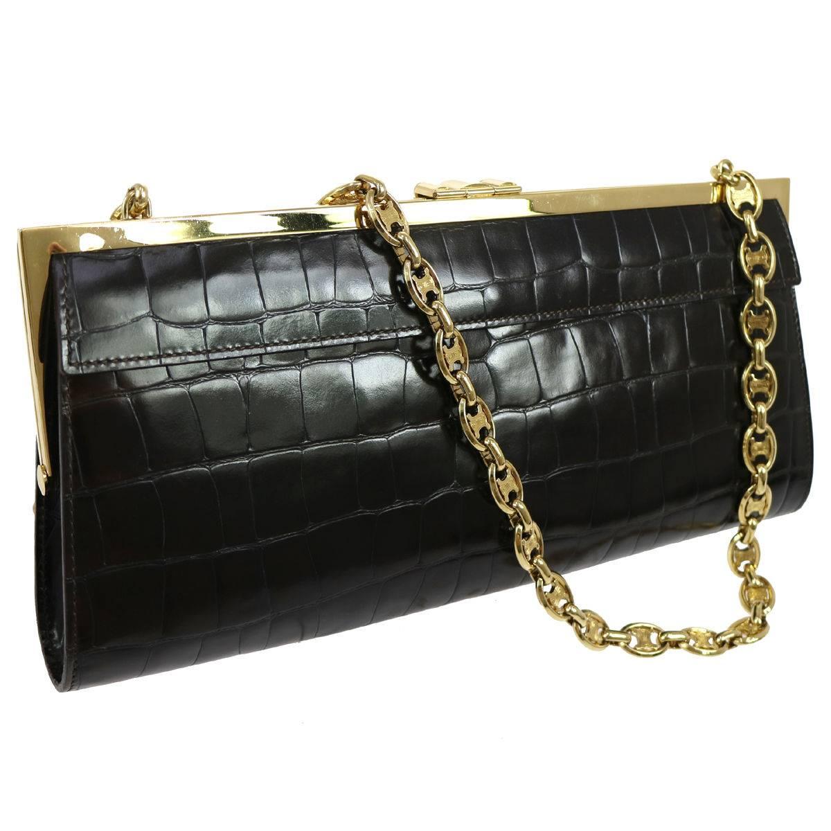 Black Celine Leather Charm Gold 2 in 1 Evening Clutch Flap Shoulder Bag