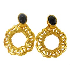 CHANEL Vintage Gold Round Charm Filigree Chain Black Evening Earrings in Box