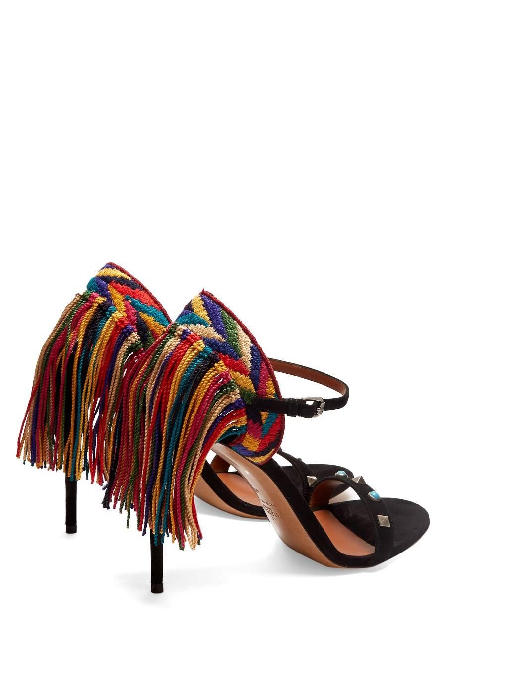 CURATOR'S NOTES

LAST PAIR! Valentino New Sold Out Black Suede Rainbow Tassel Evening Sandals Heels in Box  

Size IT 36.5
Suede
Metal hardware
Adjustable ankle buckle closure
Made in Italy
Heel height 4.25"
Includes original Valentino box