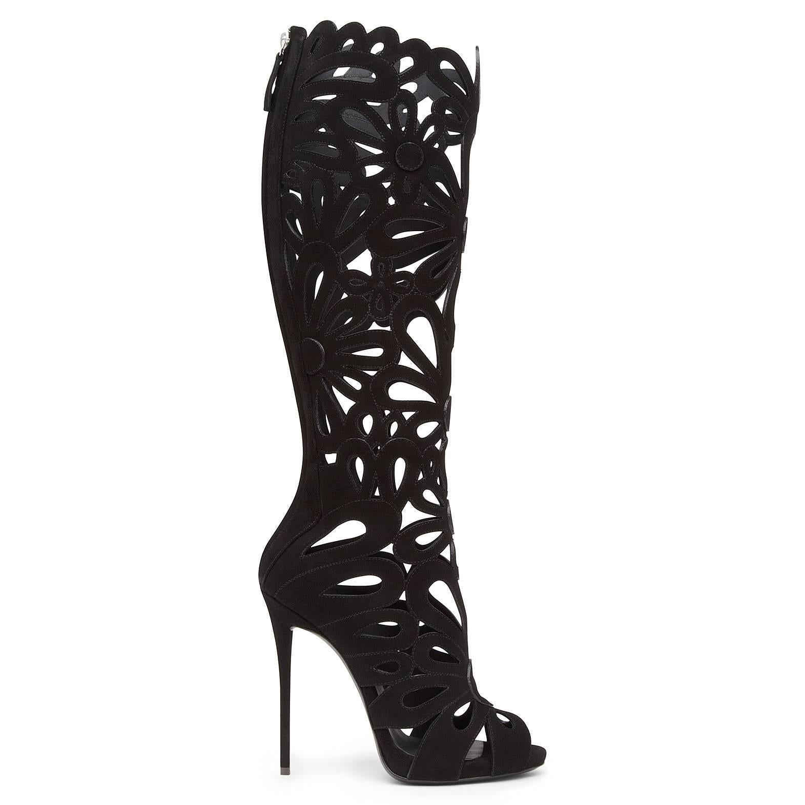 Giuseppe Zanotti New Sold Out Black Suede Lattice Cut Out Heels Boots in Box In New Condition In Chicago, IL