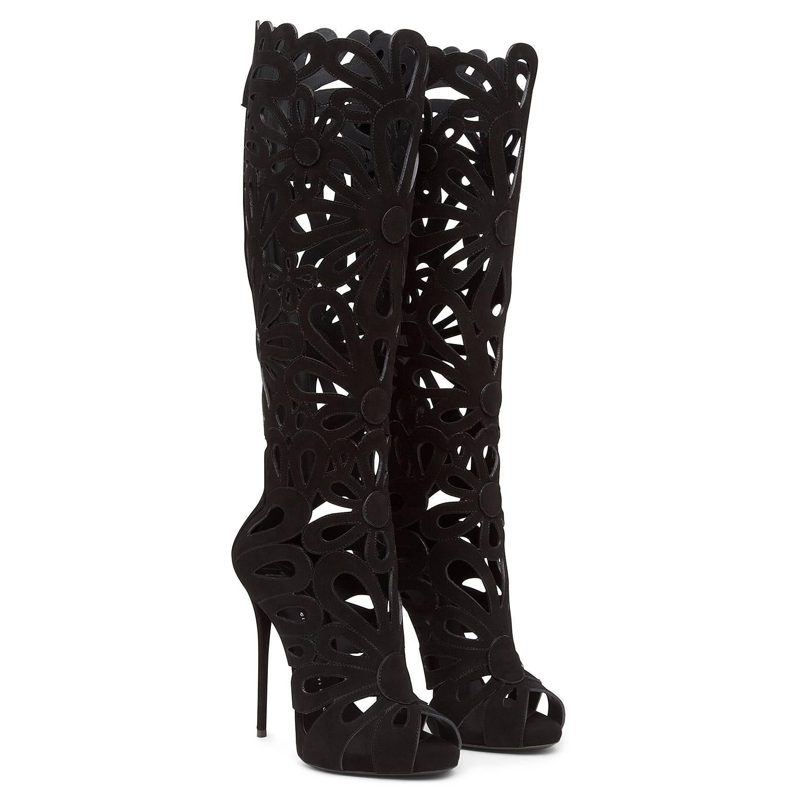 Women's Giuseppe Zanotti New Sold Out Black Suede Lattice Cut Out Heels Boots in Box