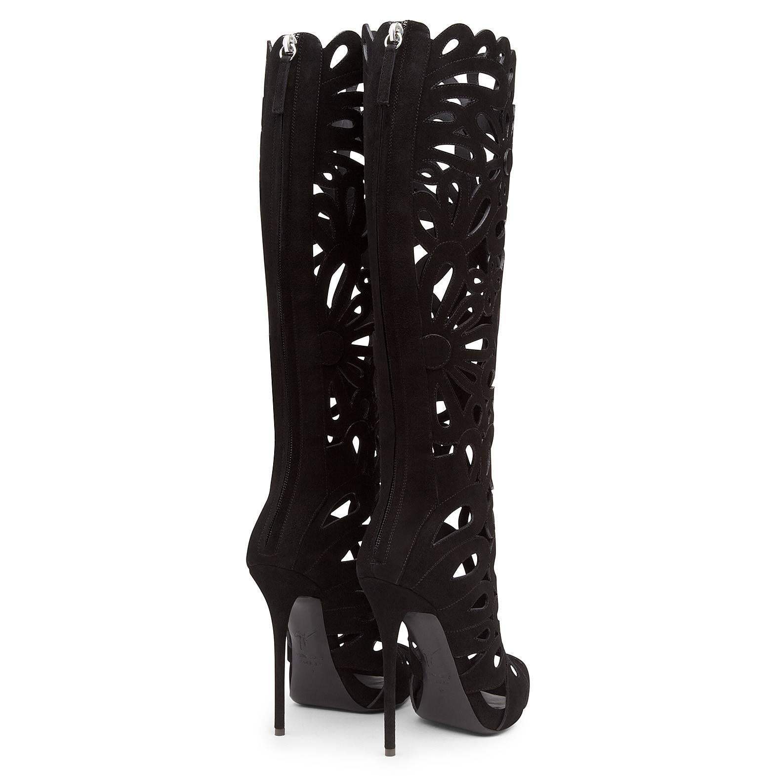Giuseppe Zanotti New Sold Out Black Suede Lattice Cut Out Heels Boots in Box 1