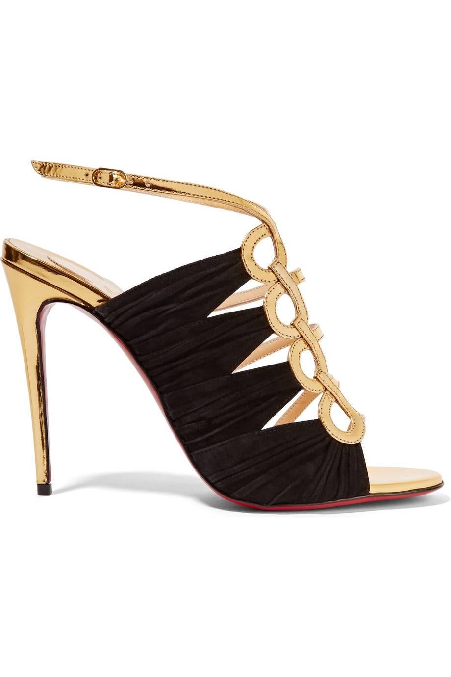 Women's Christian Louboutin New Black Gold Cut Out Evening Sandals Heels in Box