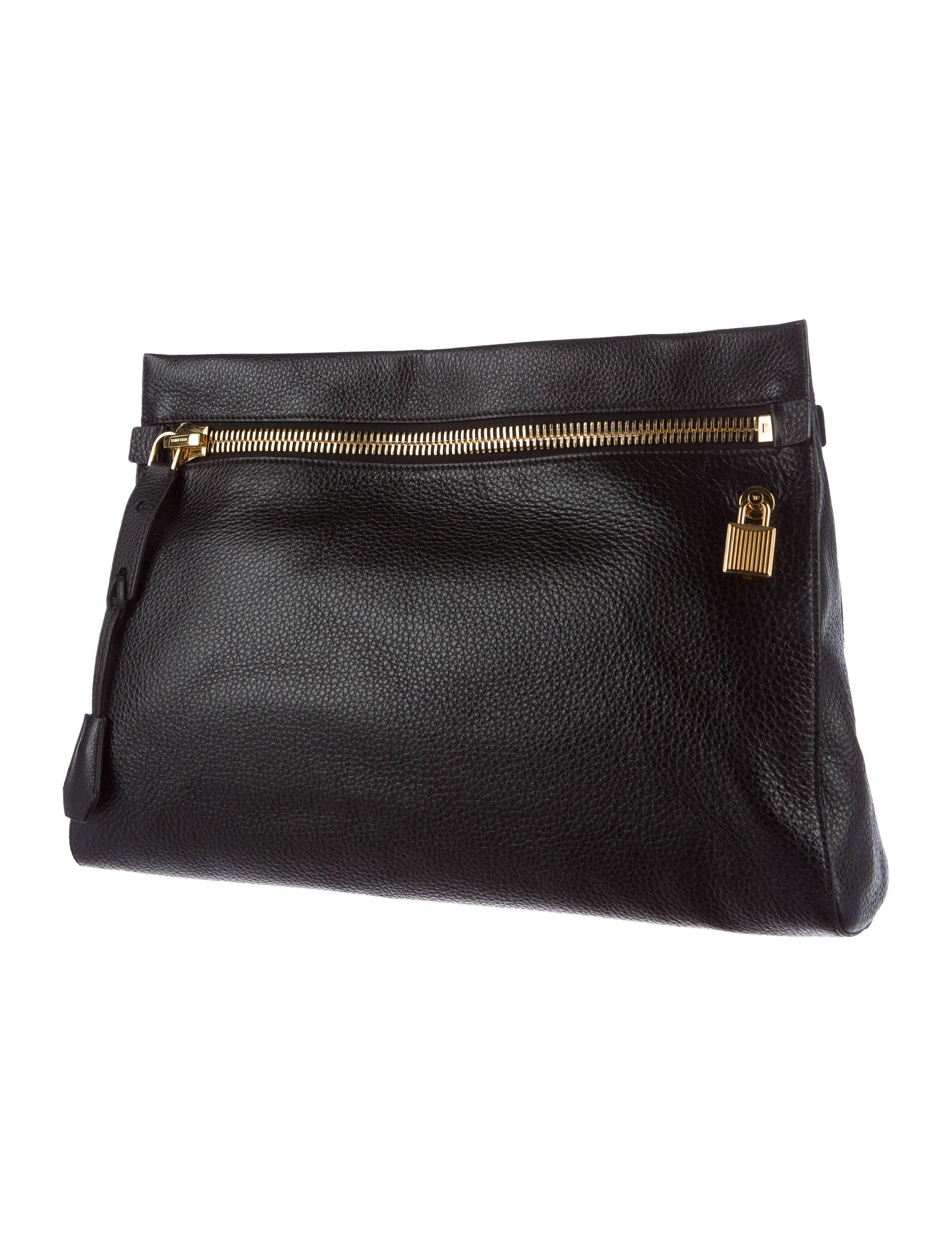 Women's Tom Ford Black Leather Gold Zip Large Envelope Evening Clutch with Accessories