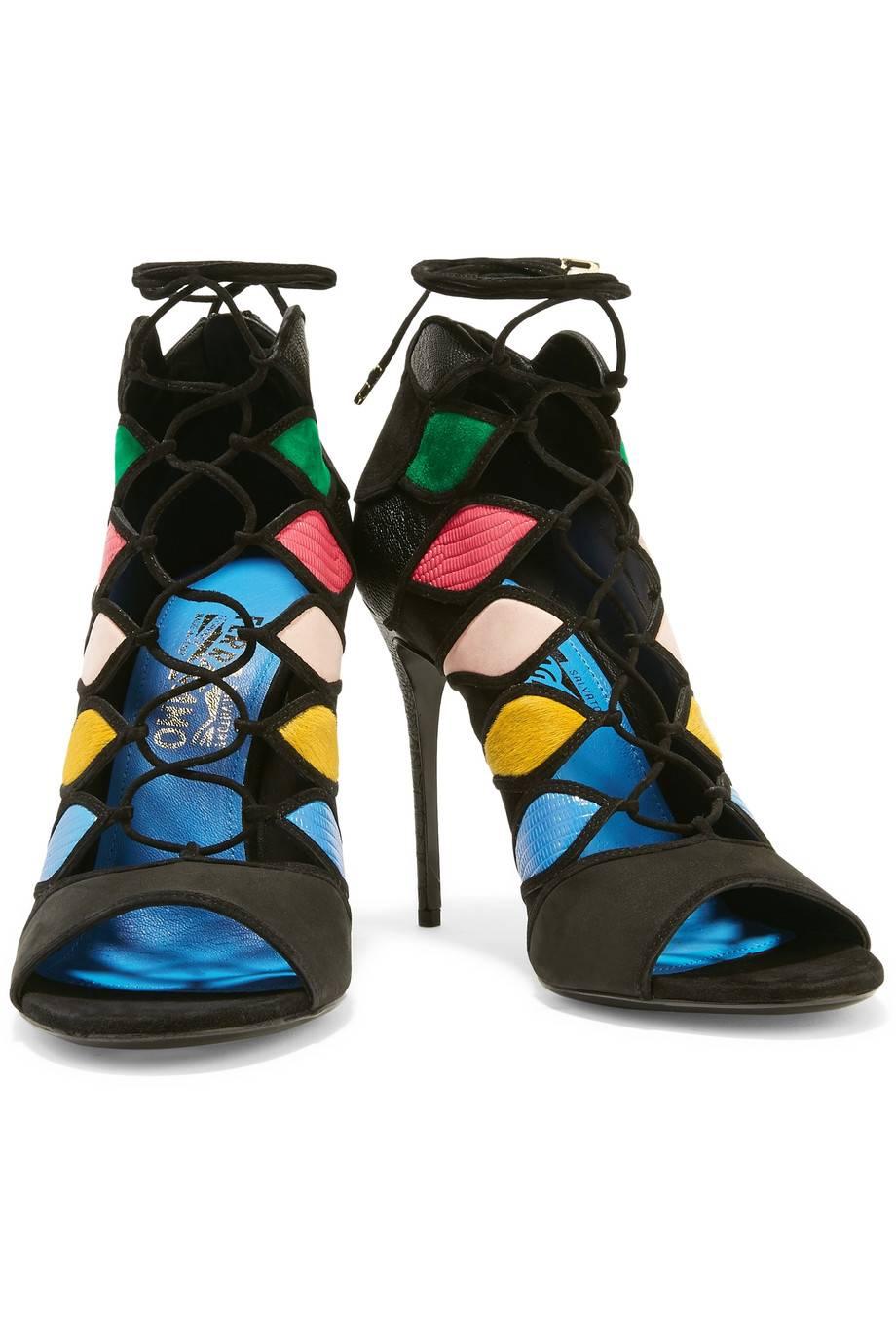 Salvatore Ferragamo New Black Multi Gladiator Evening Heels Booties in Box 

Size IT 36 - Not your size?  Message us for help finding yours.
Suede
Leather
Tie and zip closures
Made in Italy
Heel height 4.5"
Includes original Salvatore Ferragamo