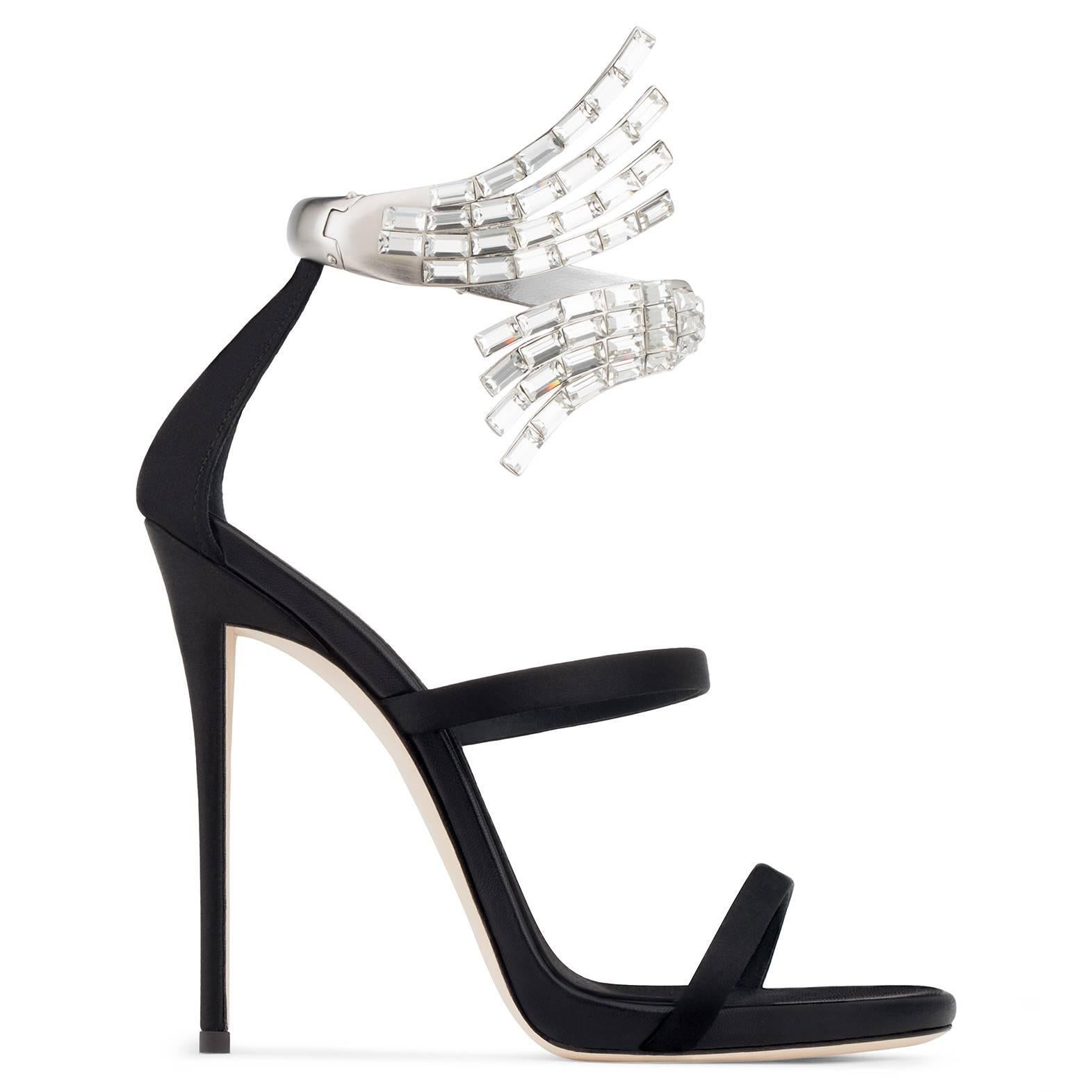 Giuseppe Zanotti New Black Satin Wraparound Crystal Evening Sandals Heels in Box In New Condition In Chicago, IL
