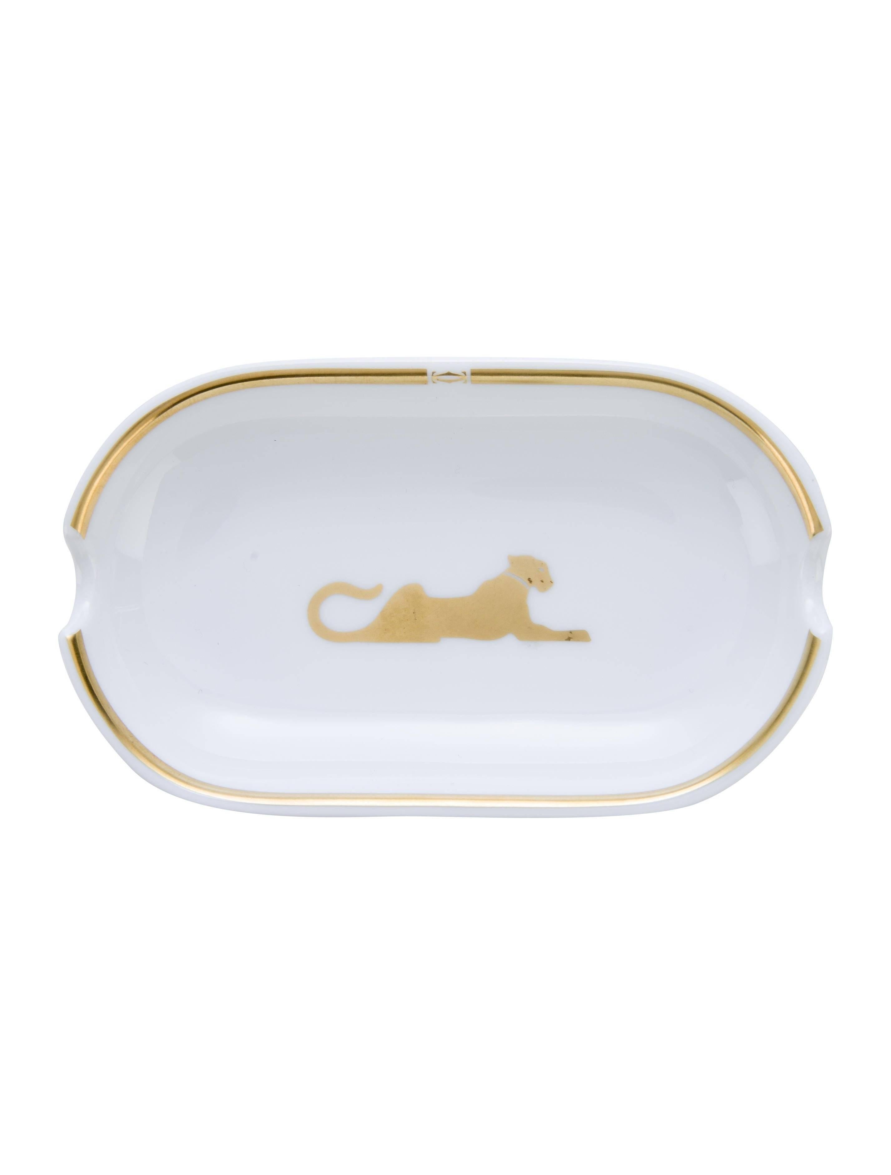 Cartier New Panther Porcelain Men's Gold White Desk Table Trinket Tray Ashtray