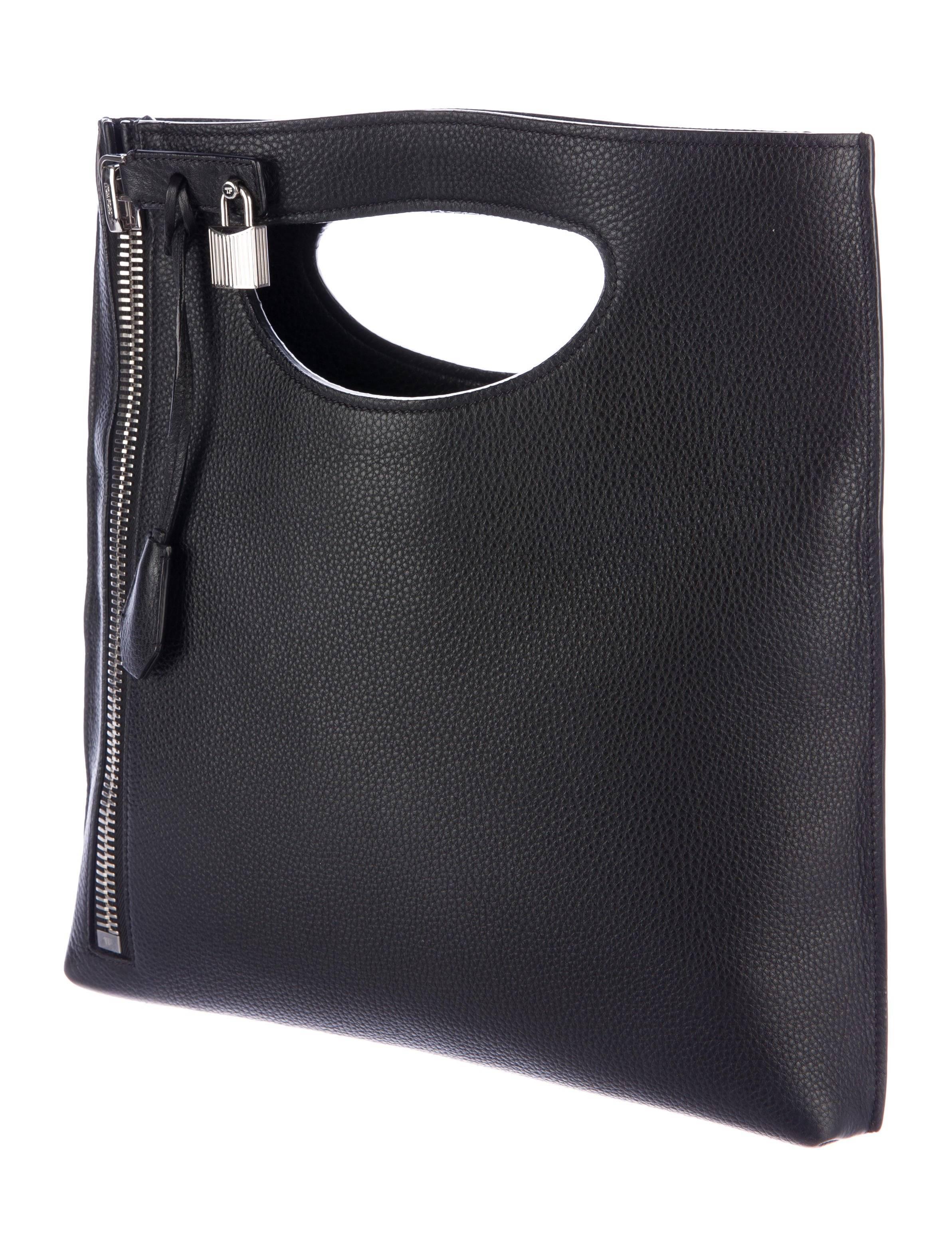 Women's Tom Ford Black Leather Silver Lock 2 in 1 Evening Clutch Crossbody Shoulder Bag