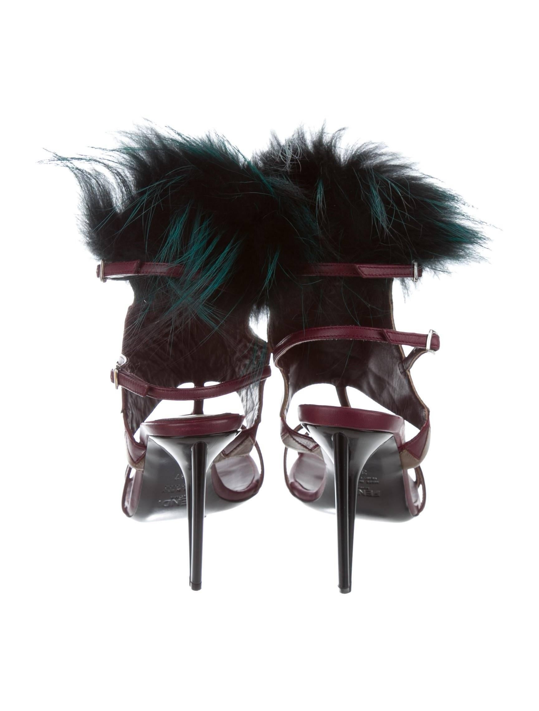 Fendi New Runway Maroon Leather Fox Fur Bug Evening Sandals Heels in Box  In New Condition In Chicago, IL