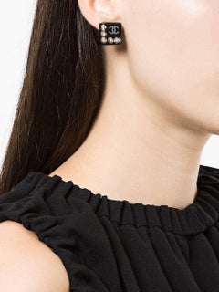 Chanel Black Resin Square Rhinestone Charm Evening Stud Earrings