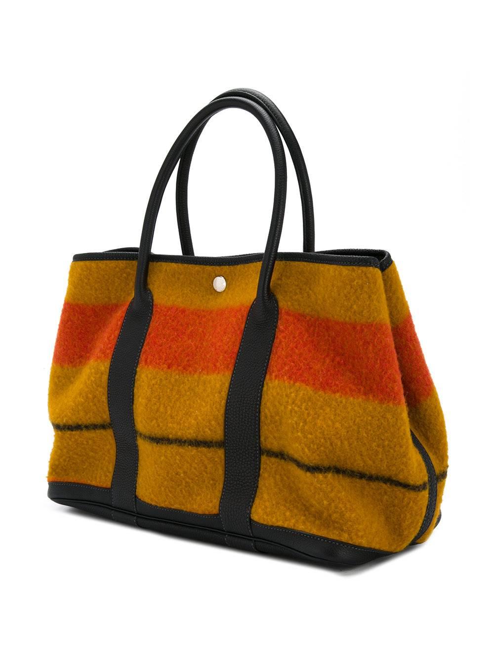 Brown Hermes Multi Color Stripe Wool Leather Men's Carryall Travel Top Handle Tote Bag