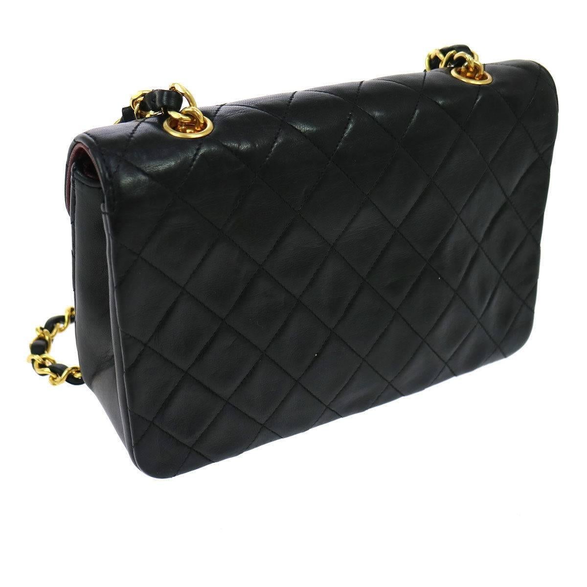 Chanel Quilted Black Lambskin Leather Gold Small Evening Flap Shoulder Bag In Excellent Condition In Chicago, IL