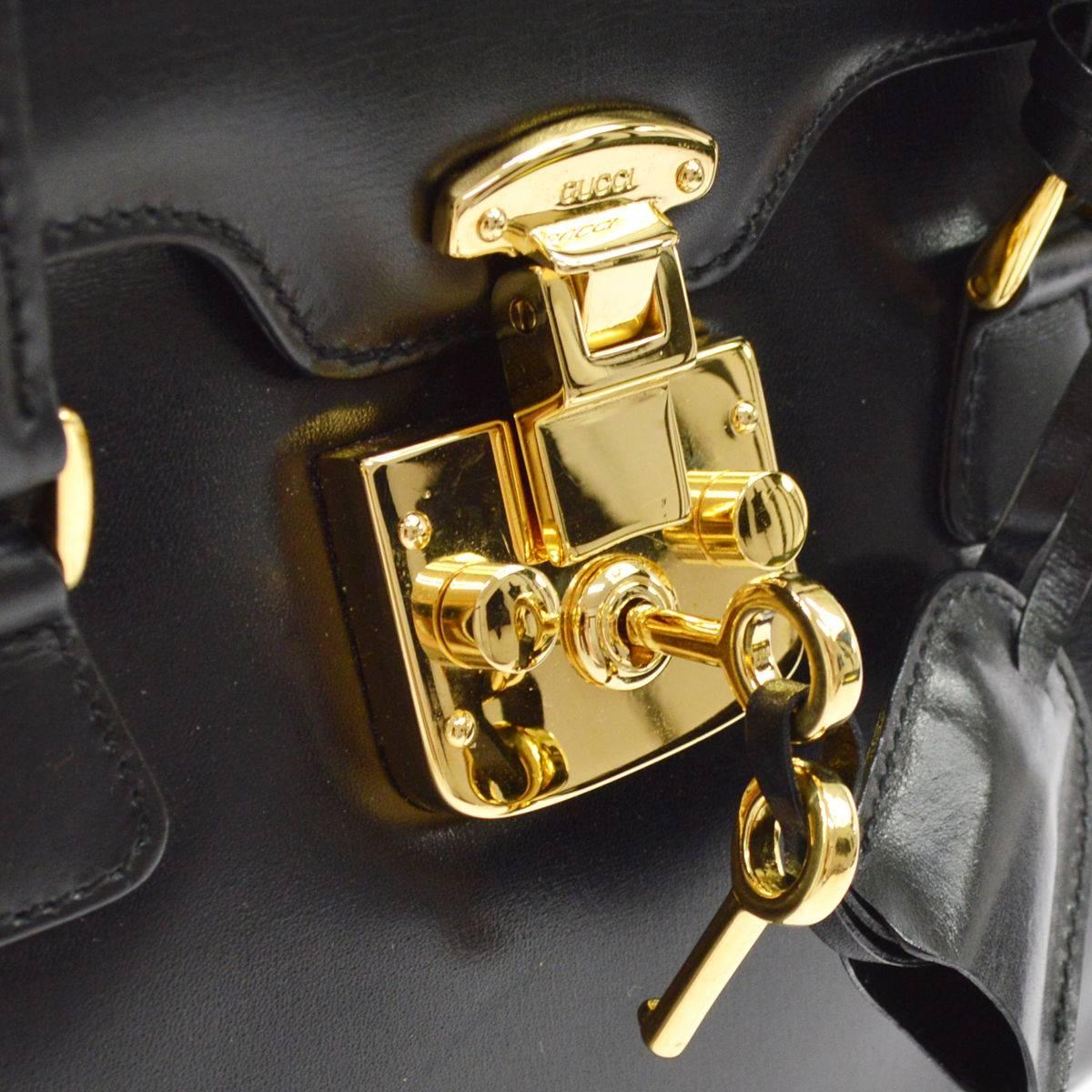 Women's Gucci Black Leather Gold Kelly Style Top Handle Satchel Flap Bag W/ Accessories