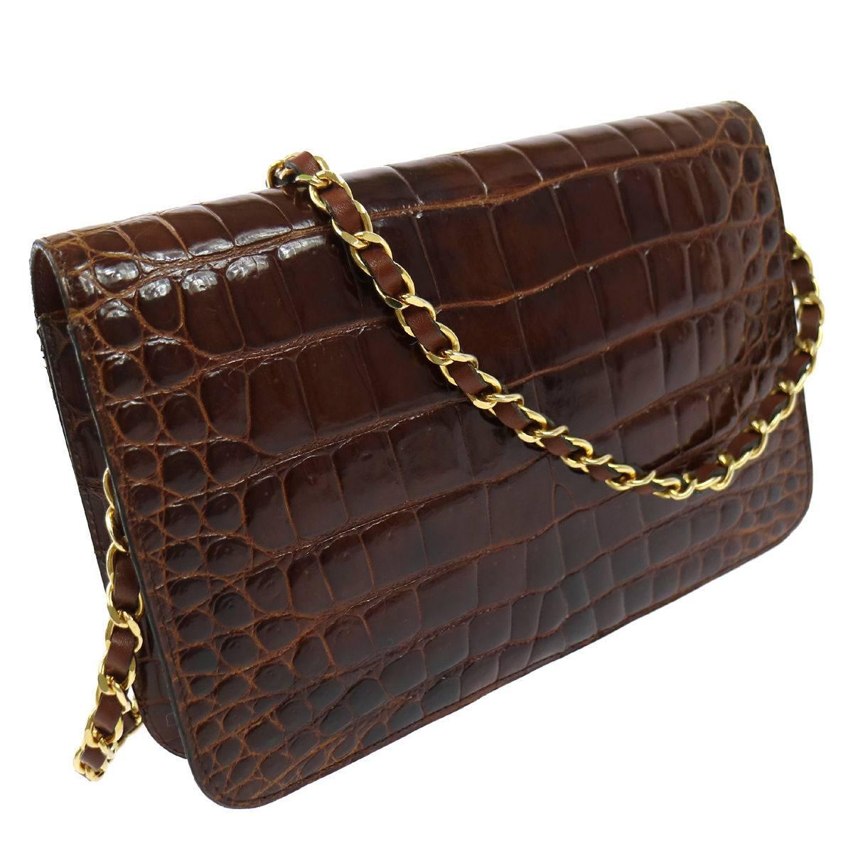 Chanel Rare Vintage Crocodile Cognac Gold Evening 2 in1 Clutch Flap Shoulder Bag In Excellent Condition In Chicago, IL