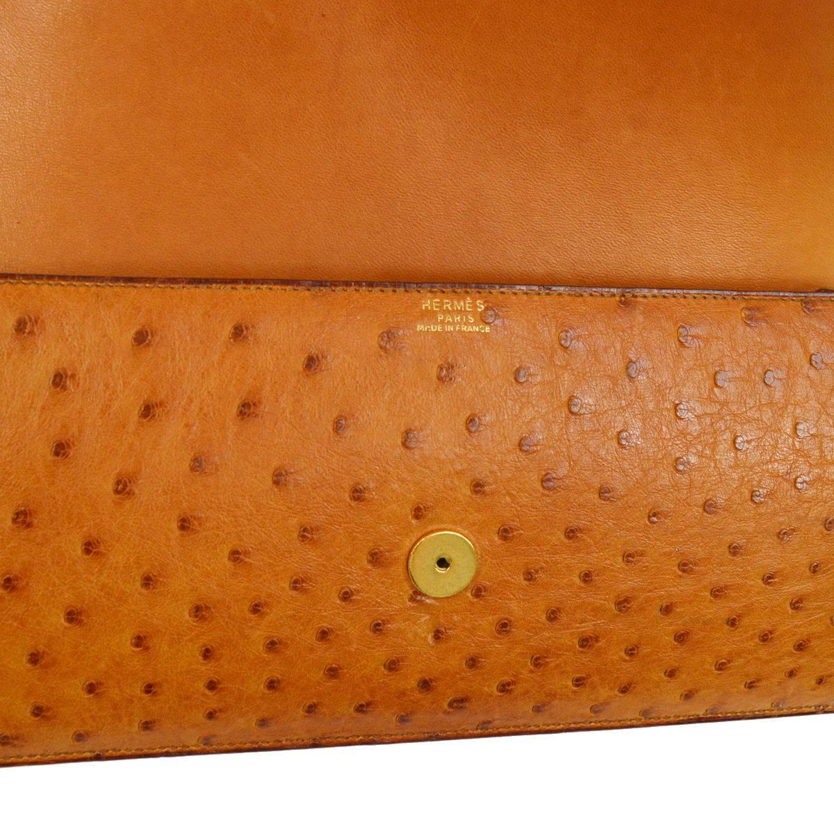 Hermes Vintage Cognac Ostrich Leather Envelope Evening Clutch Flap Bag 2