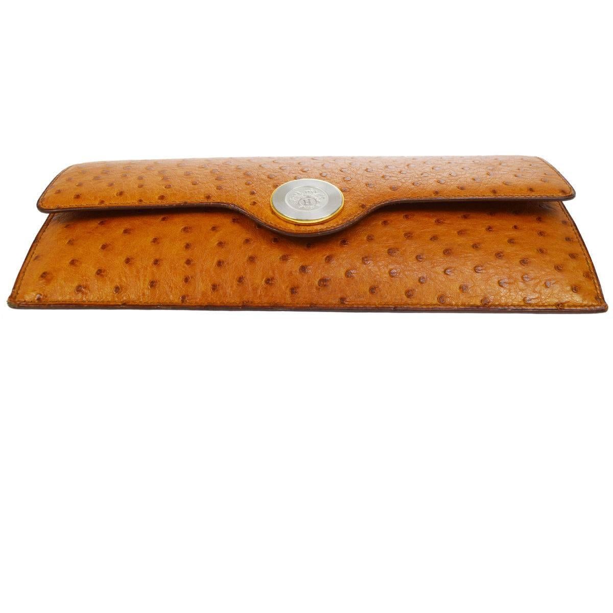 Brown Hermes Vintage Cognac Ostrich Leather Envelope Evening Clutch Flap Bag