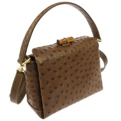 Gucci Taupe Ostrich Bamboo Mini Kelly Style Top Handle Satchel Shoulder Bag