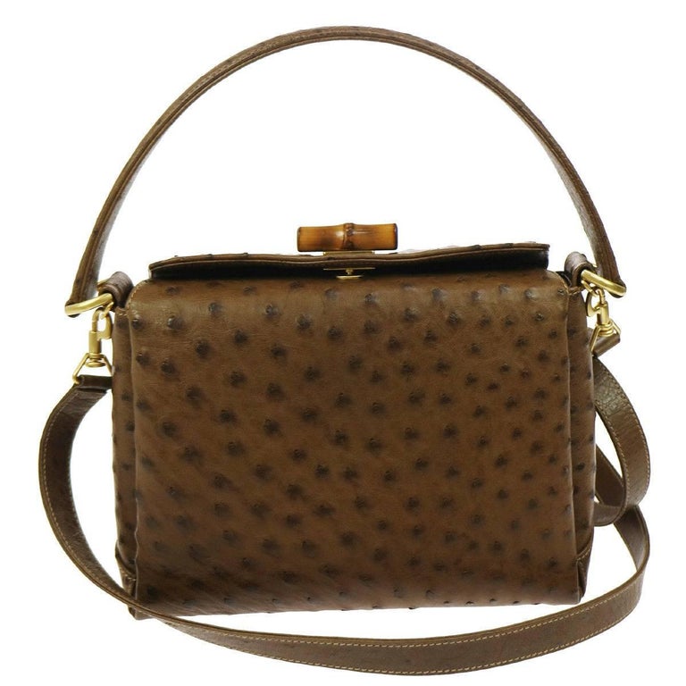 Gucci Taupe Ostrich Bamboo Mini Kelly Style Top Handle Satchel Shoulder