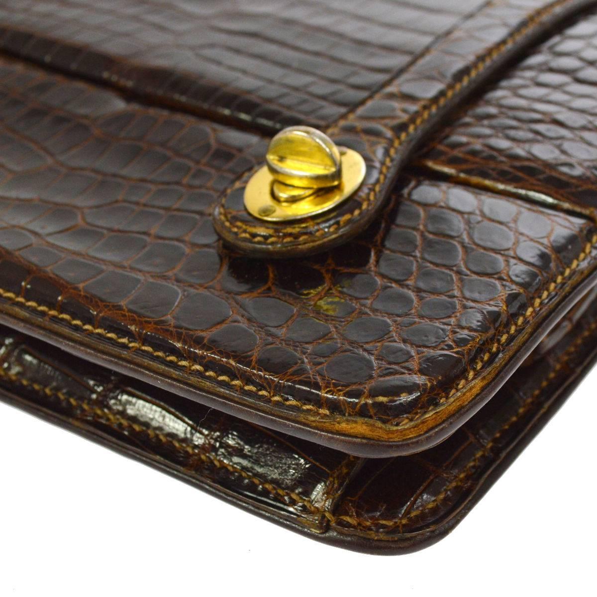 Women's Gucci Vintage Cognac Bamboo Crocodile Evening Kelly Top Handle Satchel Flap Bag