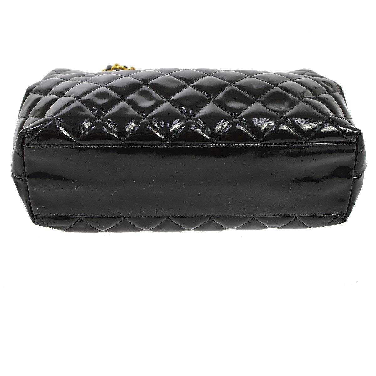 Women's Chanel Black Quilted Patent Leather Gold Charm Carryall Evening Shoulder Bag