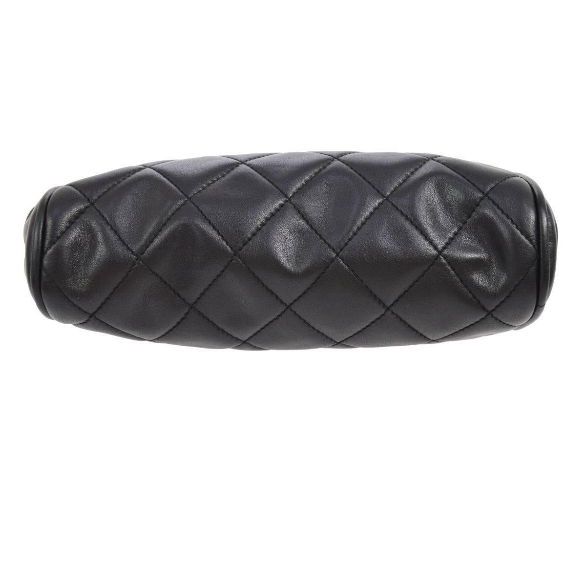 Gray Chanel Black Quilted Lambskin Gold Charm Kisslock Evening Pouch Clutch Bag