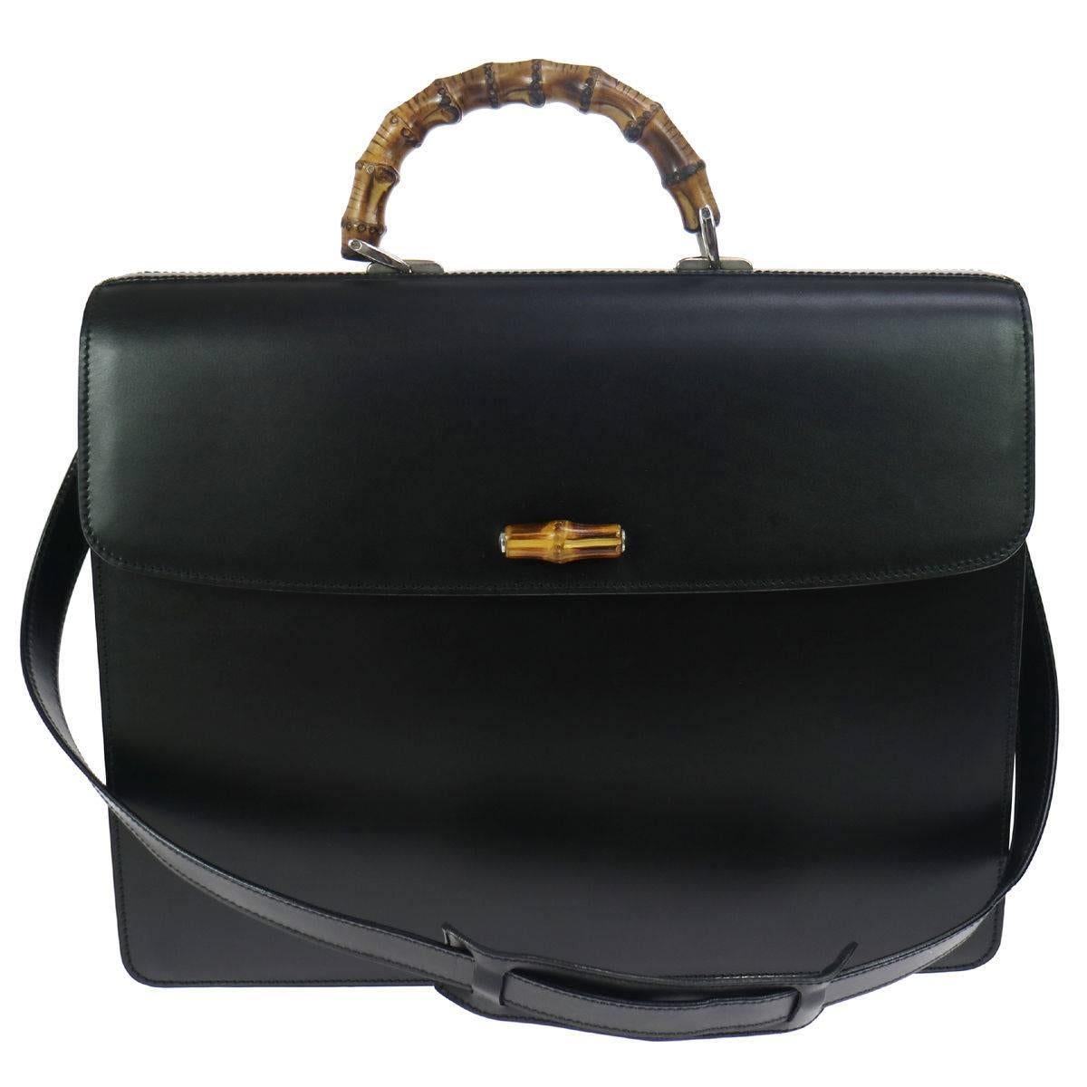 Gucci Black Leather Bamboo Business Men's Briefcase Top Handle Flap Shoulder Bag
