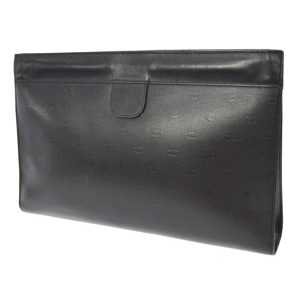 Chanel Black Leather CC All Over Logo Envelope Evening Clutch Hand Bag