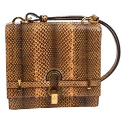 Retro Gucci Cognac Brown Snakeskin Saddle Top Handle Evening Flap Shoulder Bag