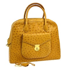 Salvatore Ferragamo Mustard Ostrich Leather Kelly Style Top Handle Satchel Bag