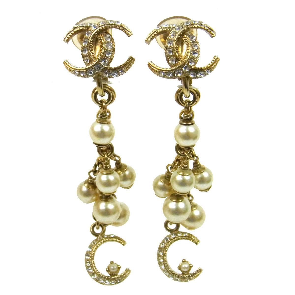 Chanel Like New Gold Faux Pearl Charm Long Dangle Drop Evening Earrings in Box