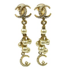 Chanel Like New Gold Faux Pearl Charm Long Dangle Drop Evening Earrings in Box