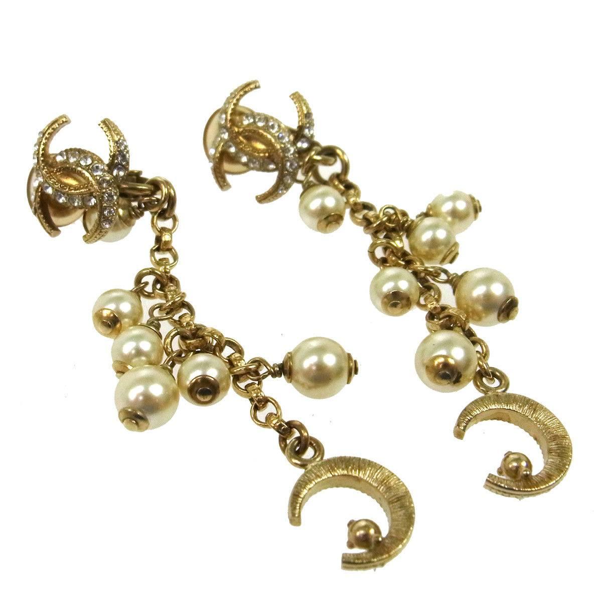 Chanel Like New Gold Faux Pearl Charm Long Dangle Drop Evening Earrings in Box In Excellent Condition In Chicago, IL