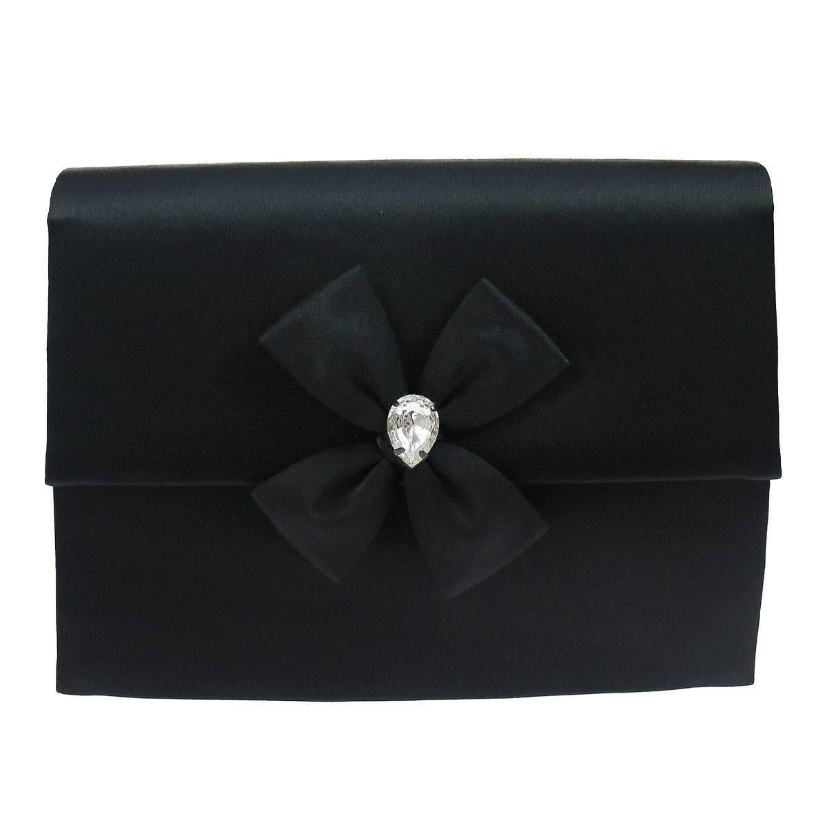 YSL Black Satin Rhinestone Bow Evening Envelope Clutch Bag
