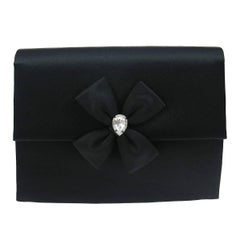 YSL Black Satin Rhinestone Bow Evening Envelope Clutch Bag