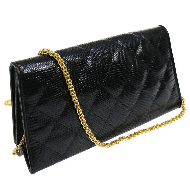 Chanel Black Lizard Leather Gold Chain 2 in 1 Clutch Flap Evening