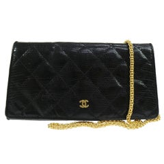 Vintage Chanel Black Lizard Leather Gold Chain 2 in 1 Clutch Flap Evening Shoulder Bag