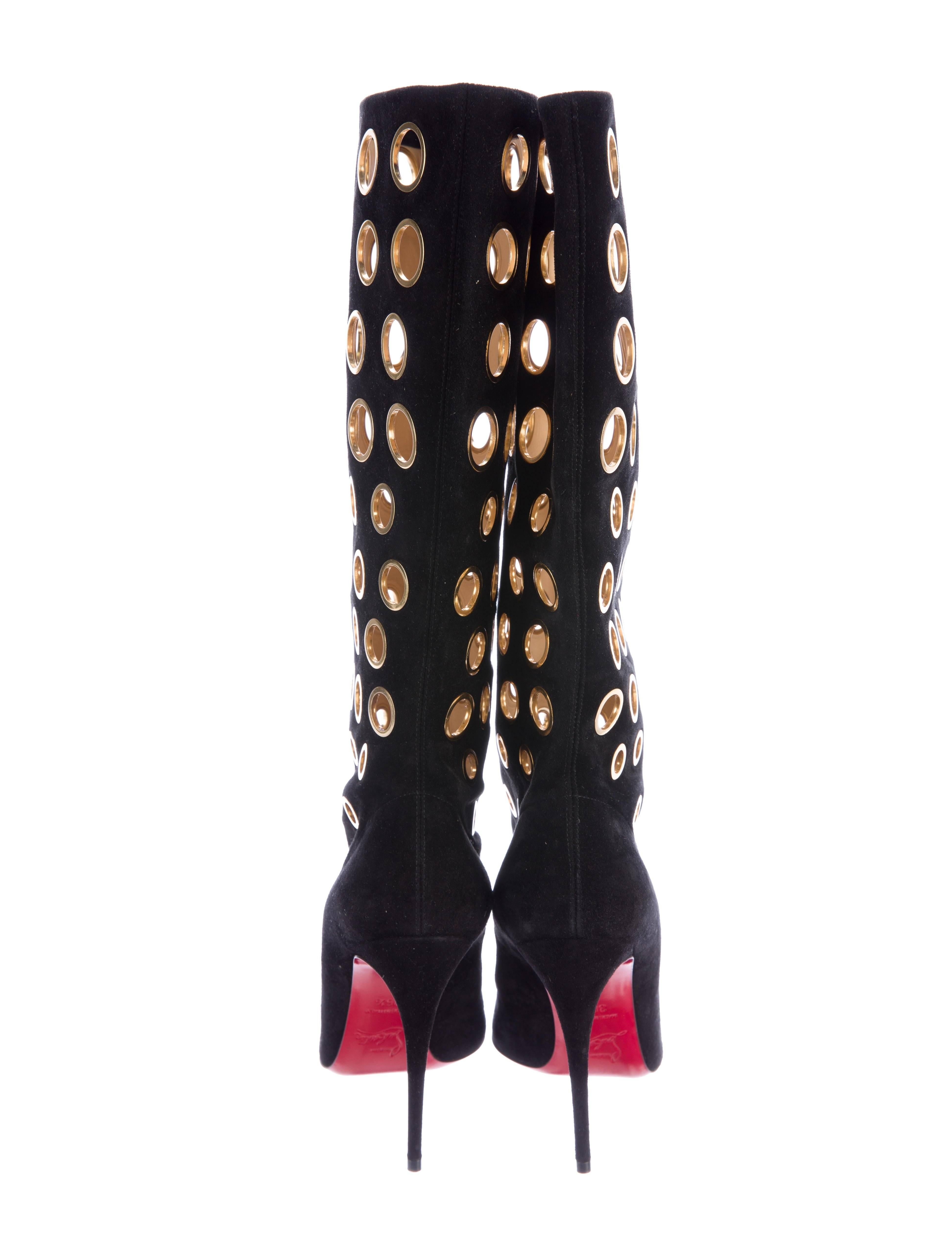 Women's Christian Louboutin New Black Suede Gold Cut Out Knee High Heels Boots in Box