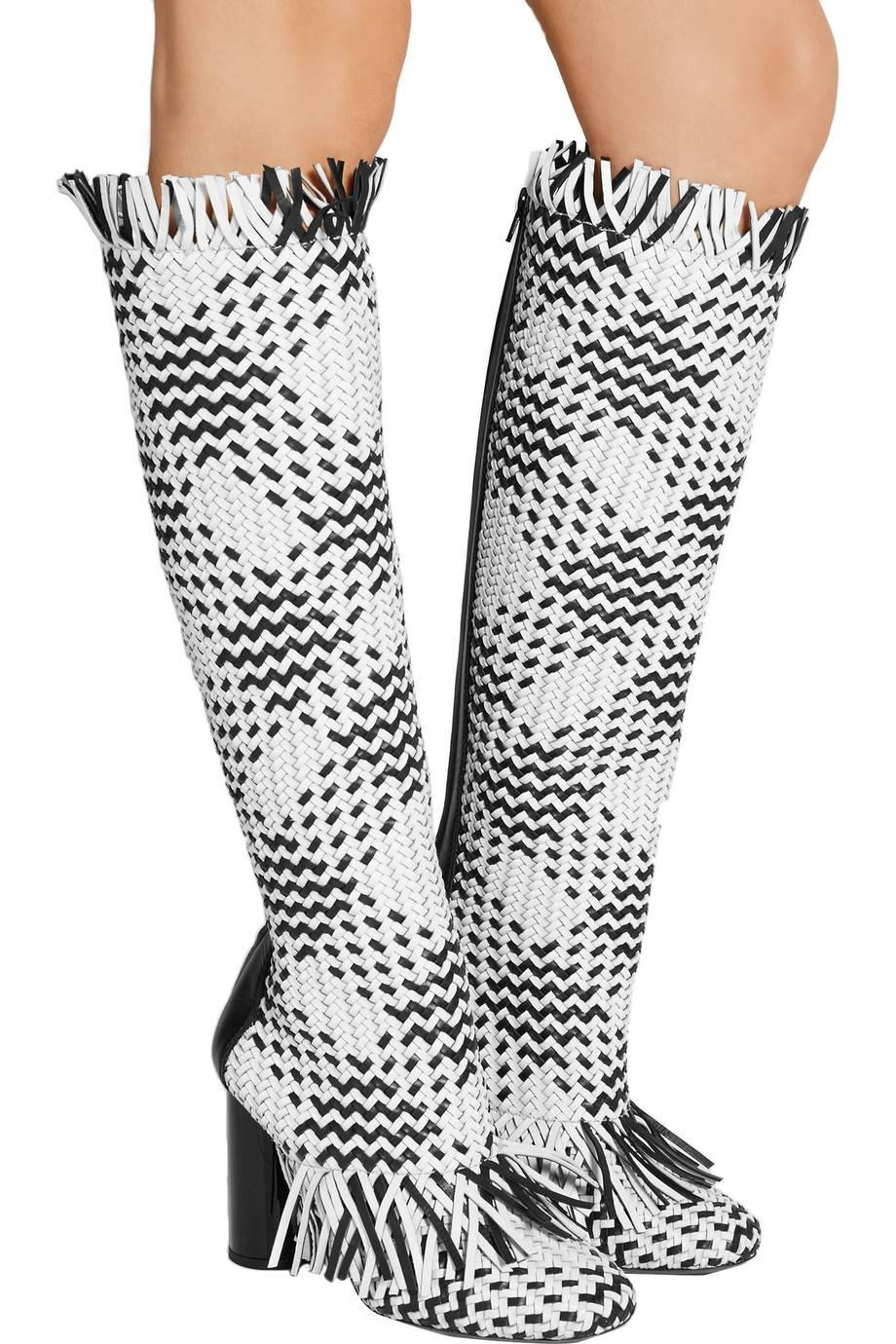 CURATOR'S NOTES

LAST PAIR!  Proenza Schouler New Sold Out Black White Fringe Knee High Boots in Box AVAILABLE at Newfound Luxury

Original retail price $2,995
Size IT 36
Leather
Zipper back closure
Made in Italy
Heel height 4"
Includes