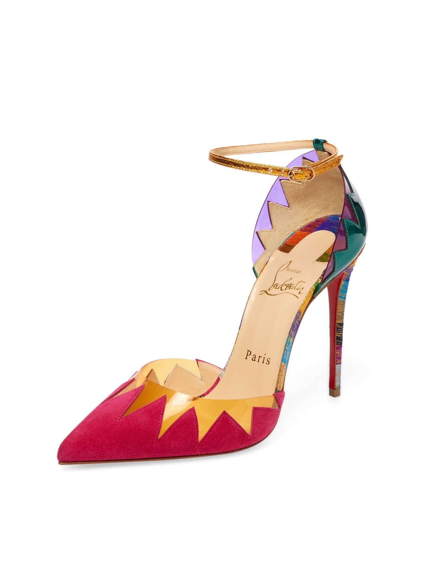 ONLY PAIR! Christian Louboutin New Red Gold Multi Color Flame High Heels Sandals in Box 

Size IT 36
Suede
Patent leather
Adjustable buckle at ankle strap
Made in Italy
Heel height 4.25
