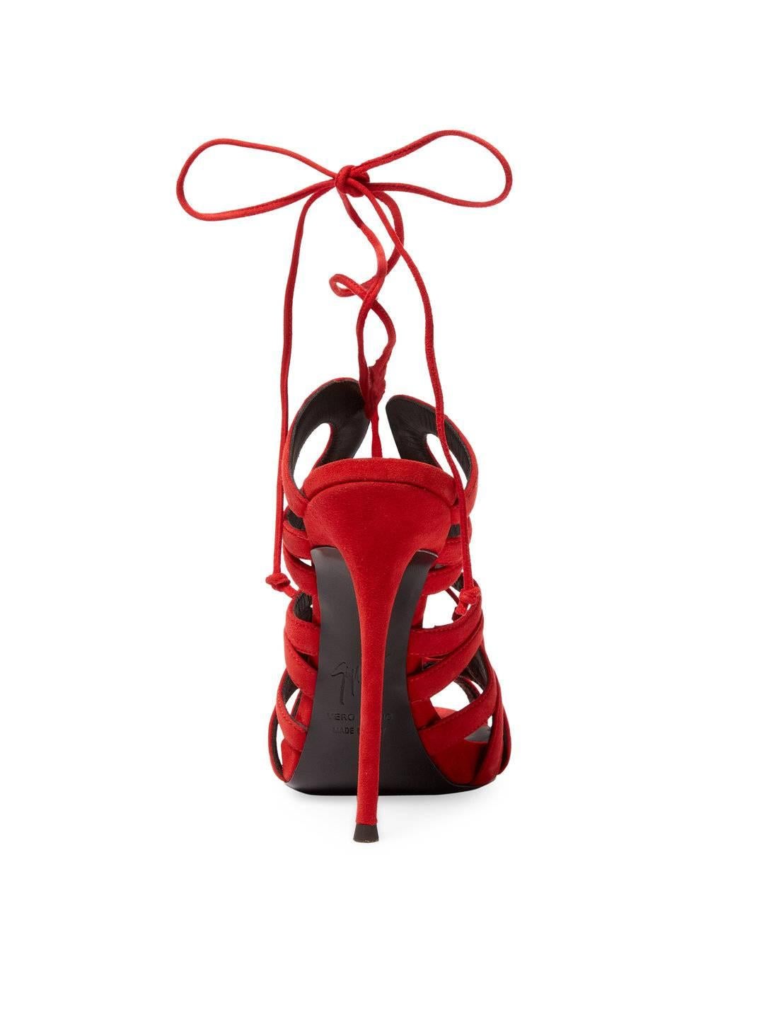 Giuseppe Zanotti New Red Suede Cut Out Ankle Tie Evening Sandals Heels in Boxp In New Condition In Chicago, IL